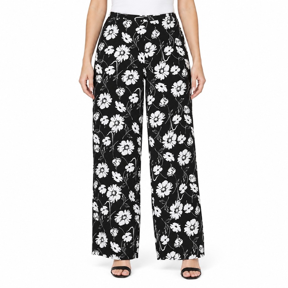 Lauren Ralph Lauren Pants Women 10 Black Floral  Wide Leg Business Flat Front